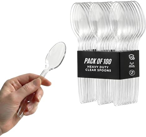 Pack of 100 Reusable Spoons – Washable Clear Polypropylene (PP) Teaspoons for Soup, Desserts & Everyday Meals, Heavy Duty Reusable Cutlery