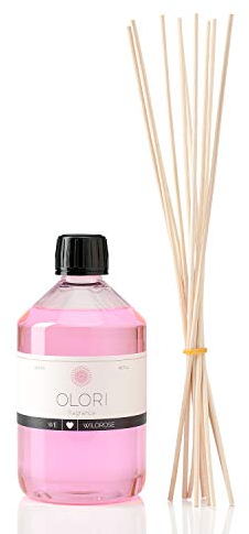 Raumduft Nachfüll-Set „Wildrose“ 500ml inkl. 10 Rattan-Stäbchen - Duftöl mit ätherischen Ölen - Nachfüller weich, sinnlich & süß - Nachfüllflasche mit Duftstäbchen 100% Natürlich & Rein mit Rosen-Duft