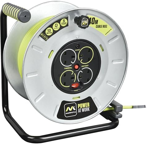 Masterplug Premium 4 Socket Metal Open Cable Reel with 40 Metre High-Vis Cable, Heavy Duty Extension Reel, Thermal Cut-Out & Power Indicator, Large, Pro-XT, Grey/Green, 13A, 4G, 40m, OTLU40134SL