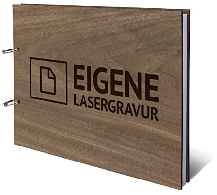 Hochzeit Gästebuch Nussbaum Holz Gravur individuell Holzcover mit 72 Blatt | 144 Naturpapier Innenseiten DIN A4 quer 302 x 215 mm - Eigene Gravur