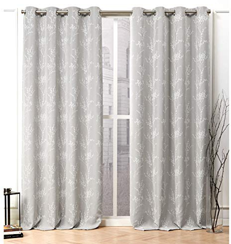 NICOLE MILLER NEW YORK Turion Floral Room Darkening Blackout Grommet Top Curtain Panel Pair, 52x96, Dove Grey