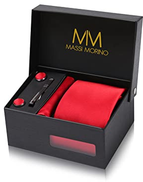 Massi Morino Cravatta Rossa con Fazzoletto da Uomo con Gemelli e Fermacravatta | Set Elegante con Scatola Regalo | Set Cravatta Uomo per Matrimonio