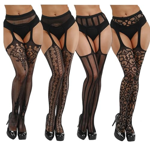 DRESHOW 4 Paia Donna Sexy Moda Elastico Vita Alta Collant Calze a Rete Coscia Alta Calze Collant