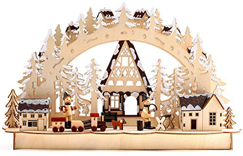 BRUBAKER 3D LED Lichterbogen Schwibbogen - Winterlandschaft mit Holzarbeitern - LED Beleuchtung - Holz Natur - 43,5 x 26,8 x 10,1 cm - Handbemalt