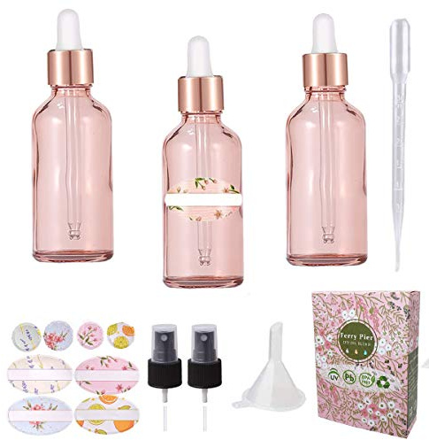 Ferry Pier 3Pcs 30ml Pipettenflasche Tropfflasche aus Braunglas Set - Dunkel kleine Glasgefäße als Apothekerflaschen Inklusive Hilfszubehör (Rosa)