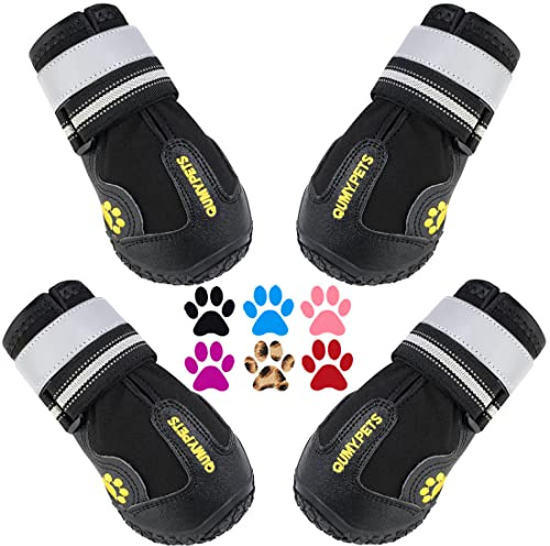 QUMY Dog Shoes for Large Dog, Medium Dogs Boots & Paw Protectors for Winter Snowy Day, Summer Hot Pavement, Waterproof in Rainy Weather, Outdoor Walking, Indoor Hardfloors Anti Slip Sole Black Size 3