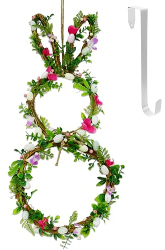 Bonus Metallaufhänger! 71,1 cm H Eleganter Frühlingskranz Osterhasenkranz für Haustür, Wand, Fenster, Dekoriert mit künstlichen Blumen, Eiern und grünen Blättern