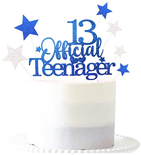 Pargleev Royal Blue 13th Birthday Cake Topper with Glittery Stars | 7-piece Royal Blue 13th set: 1 glittery 'Happy Birthday' topper + 6 star cupcake toppers; just place on the cake