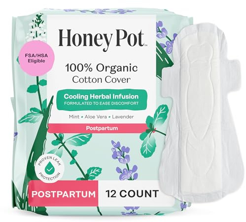 The Honey Pot Company - Herbal Postpartum Pads w/Wings - Infused w/Essential Oils for Cooling Effect, Organic Cotton Cover, & Ultra-Absorbent - Feminine Care - 12ct