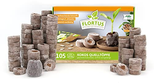 FLORTUS – Kokos Quelltöpfe aus Anzuchterde mit Nährstoffen – 105 Stk. Kokos Quelltabletten torffrei & biologisch abbaubar – Quelltabs aus Kokoserde gepresst zur Pflanzen Anzucht von Samen & Setzlingen