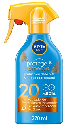 NIVEA SUN Protege & Broncea Spray Solar FP20 (1 x 270 ml), activador del bronceado, protección solar, crema bronceadora, protector solar hidratante, resistente al agua, pistola