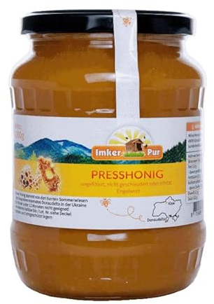 Presshonig von ImkerPur, in traditioneller Weise direkt aus der Wabe gepresst, enthält Blütenpollen, Bienenwachs und andere natürliche Bestandteile