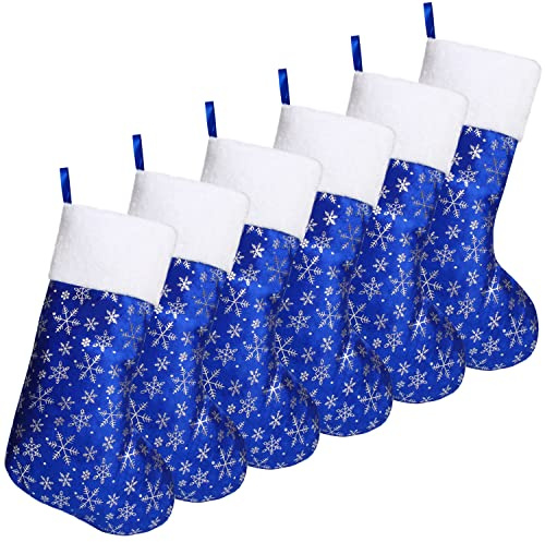 FOIMAS 6pcs Christmas Stockings,18 inch Blue Snowflake Christmas Hanging Stockings with White Cuff for Fireplace Christmas Tree Home Decoration