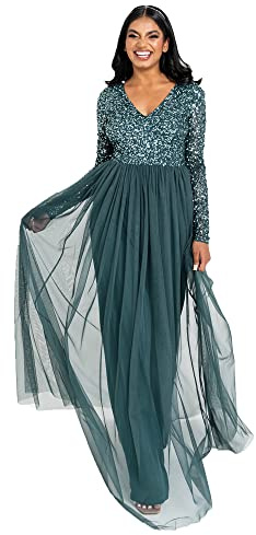 Maya Deluxe dam dam dam klänning ärm för bröllop gäst V-hals hög empire midja maxi lång längd kväll bridesmaid bal klänning, Smaragdgrön, 42