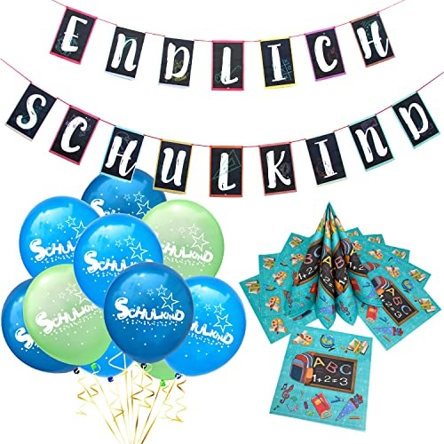 Oblique Unique Einschulung Deko Set für Jungen – Endlich Schulkind Girlande (3,2 m) + 10 Schulkind Luftballons + 20 Servietten – Schuleinführung Schulanfang iund Einschulungsdeko