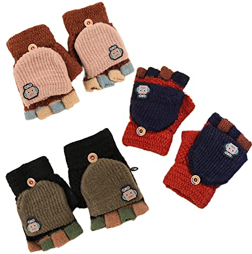 3 Paar Handschuhe Kinder Halbfinger Fingerhandschuhe Herbst Und Winter Winterhandschuhe Warm Cartoon FäUstlinge Gestrickt FüR Jungen Und MäDchen Im Alter Von 3-12 Jahren,14cm × 8cm