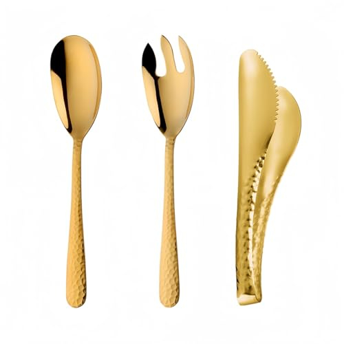 Ymeibe Salad Spoon and Fork Metal Tong Serving Set, Heavy Duty Hammered Finish 18/10 Stainless Steel Serving Utensils Large Salad Servers for Kitchen Party Buffet Supply (Gold)