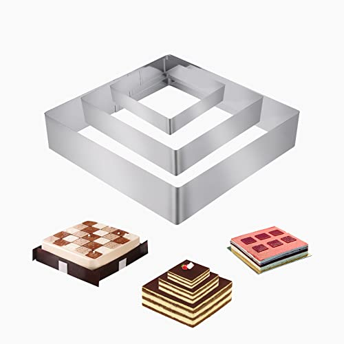 Tortenring, RUNEAY 3 Stück Tortenring Set Ø 10/15/20 cm Edelstahl Quadratisch Backform Backrahmen Tortenring Hoch 4cm für Gebäck Moussekuchen DIY