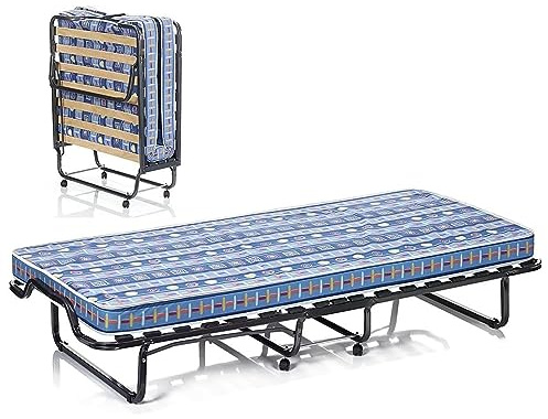 LIFEZEAL Klappbett, Klappbares Gästebett im Metallrahmen, Faltbares Einzelbett mit Matratze aus Memory Foam, Erwachsene Metallbett auf 4 Rädern (Blau, 200 x 80 x 40 cm)