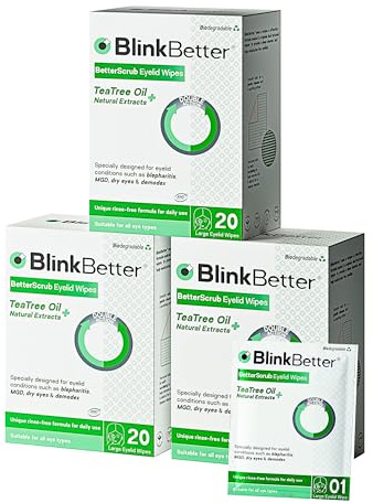 BlinkBetter Tea Tree Oil Eyelid Wipes- 60 (Pack of 3) Natural Blepharitis, MGD & Dry Eye Relief Wipes | Cleansing, Soothing, Dual-Textured, Triple Moisture Formula | Biodegradable & Gentle