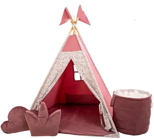 GOLDEN Kids Tent Teepee mit Bodenmatte, Kissen & Bällen - Tipi Zelt Kinderzimmer - Tippi Kinderzelt Mädchen - Tipi Zelt für Kinder - Spielhaus Kinder Indoor - Indoor Spielgeräte - Himbeere