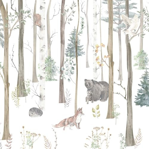 UNIK Nordic papier peint enfant animaux forêt nordique 150 x 280 cm – tapisserie murale aquarelle en intissé, facile à poser, déco naturelle et douce pour chambre bébé fille garçon