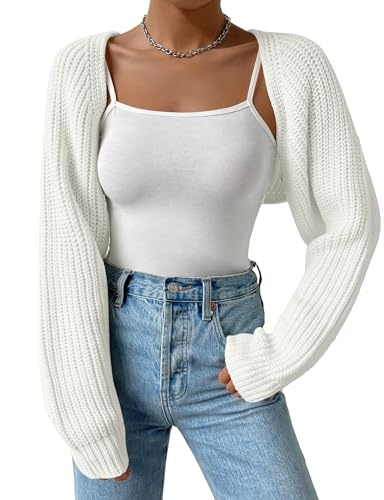SECRETEYARD Women's Long Sleeve Open Front Knitted Crop Cardigan Drop Shoulder Knit Bolero Shrug Sweater Cream White