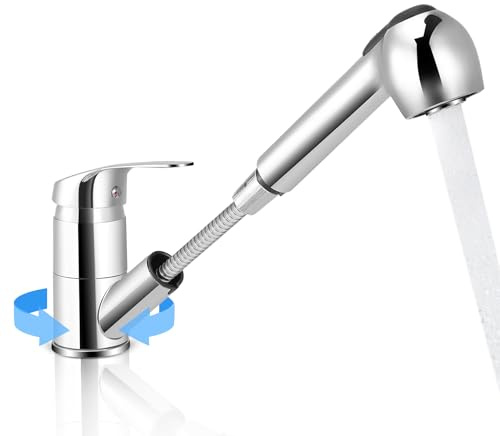 Kitchen Faucet with Pull Out Sprayer, Bathroom Cold-Hot Mixer Tap Chrome, Handheld Shower Head Single Lever Kitchen Sink Tap with 2 Spray Modes for Hair Washing, Pet Showering, Silver