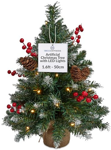DECO EXPRESS Small Christmas Tree with LED Lights, 50cm Artificial Pre Lit Pine Realistic Festive Desktop Christmas Tree for Office Desk Bedroom