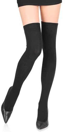 Kiiwah Calcetines Largos Mujer 65cm Calcetines Altos 78.5% Algodón Calcetines Hasta La Rodilla Mujer Femboy Medias Altas de Muslo Termicos Invierno para Fiesta Cosplay (Negro)