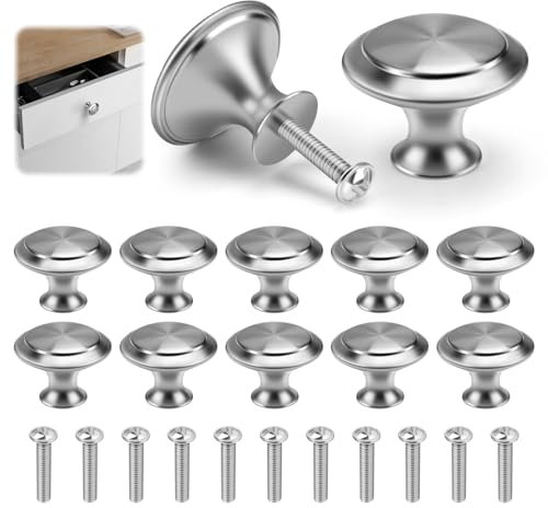 GlasFlength Bouton de Meuble Lot de 12, Rond Tiroir de Porte 30 mm Boutons en Acier Inoxydable avec Vis pour Cuisine Moderne Poignées de Placard en Forme de Champignon pour Armoire (Argent)
