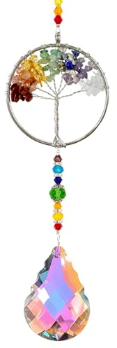 Sun Catchers for Windows, Tree of Life Natural Chakra Healing Crystal Stone Spiritual Gifts for Adult Women, Novelty Natural Quartz Gemstone Pendant Rainbow Maker Suncatcher for Ladies Girls
