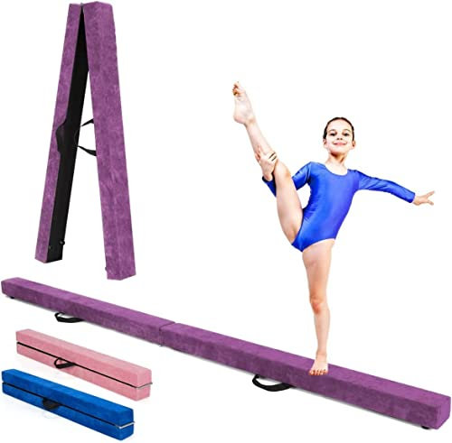 Faltbarer Gymnastikbalken für Kleinkinder und Anfänger, 210 cm, Holzbalken mit EVA-Anti-Rutsch-Boden und Griffen, Blau/Lila