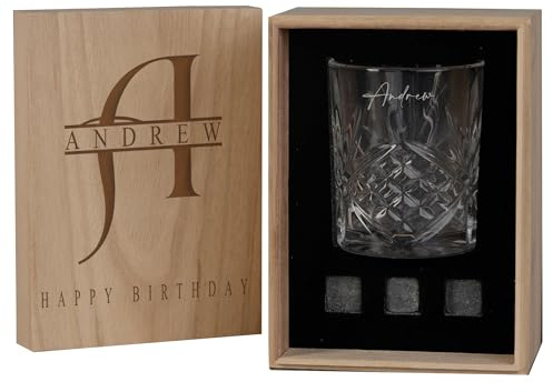 ukgiftstoreonline Personalised Monogram Whisky Gift Set with Engraved Wooden Box, 3 Whisky Stones, Tumbler Glass, Any Occassion