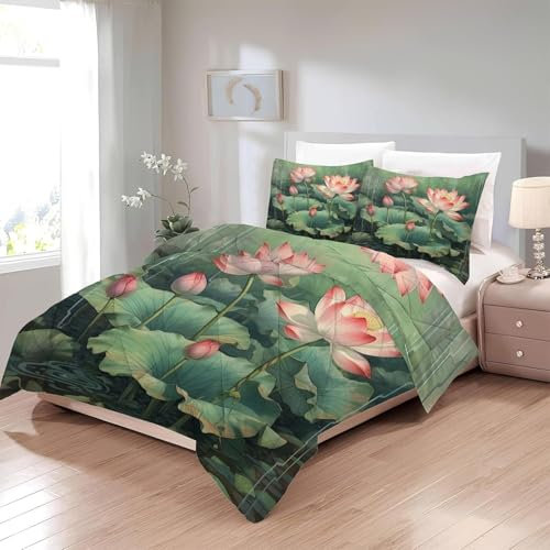 TMMDH Bettdecke 200x220 Ohne Bezug Nutzbar, Lotusblumen Bettdecken Waschbar Ganzjahresdecke Aquarell 4 Jahreszeiten Steppdecke, Bettzeug Microfaser mit 2 Kissenbezug für Sommer Winter Doppelbett