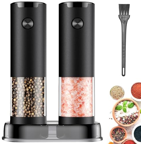 JIDSPWLS Juego de molinillos eléctricos de pimienta y sal (paquete de 2), molinillo de sal y pimienta de grosor ajustable, con luz LED, fácil de limpiar, funciona con pilas, funcionamiento con una