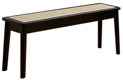 Massivholz-Essbank mit handgewebtem Rattan-Sitz für Eingangsbereich, Küche, Schlafzimmer und Esszimmer, Schwarz, 80 cm