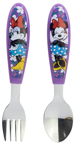 STOR Set 2 Couverts Enfant Minnie Mouse Acier Inoxydable Fourchette et Cuillère avec Manche Décoré Sans BPA pour Enfants