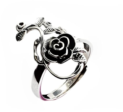 IMINI Anillos apilables de rosa negra, banda abierta ajustable chapada en plata, joyería punk vintage para mujeres y niñas, elegantes regalos personalizados para cumpleaños y Navidad