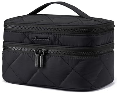 LOVEVOOK Kosmetiktasche Damen, Doppellagiger Puffer Kulturtasche Groß Kulturbeutel Make up Tasche mit Tragegriff, wasserdichte Schminktasche Waschtasche Kosmetikkoffer Beauty Case für Reisen, Schwarz