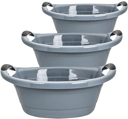 Set di 3 vasche per la biancheria, 25 litri, colore grigio, made in EU, con manici, 62 x 43 x 27 cm