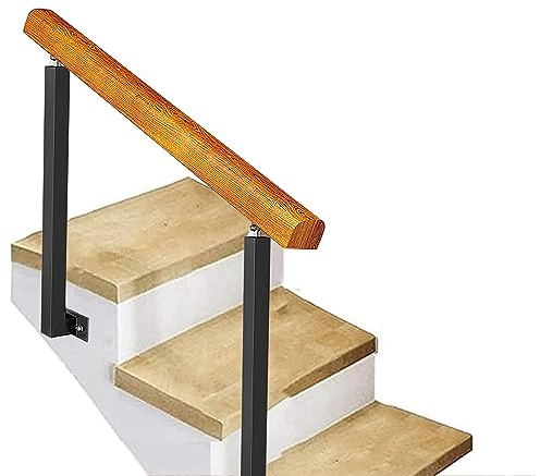 Outdoor 3-Step il - Ringhiera laterale in ferro battuto nero con barra di supporto di sicurezza antiscivolo e montanti in legno regolabili per una maggiore stabilità