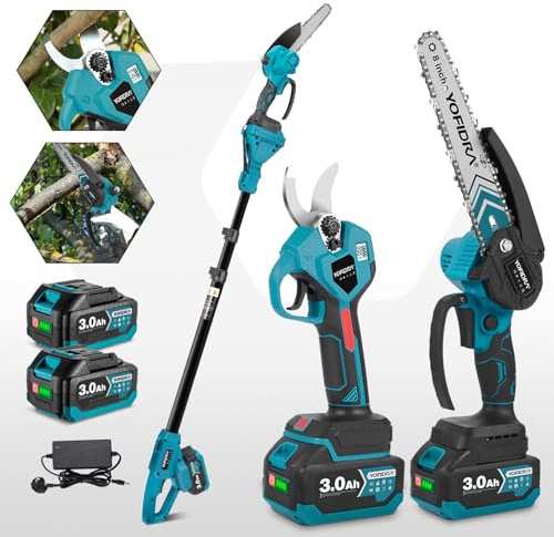 Yofidra Cordless Chainsaw, 4-in-1 Electric Chain Saw & Pruning Shears with 5.6ft Telescopic Pole, 2x3.0Ah Batteries & Charger, 8 Pole Saw Long Reach for Tree Branch Trimming Pruning & Cutting