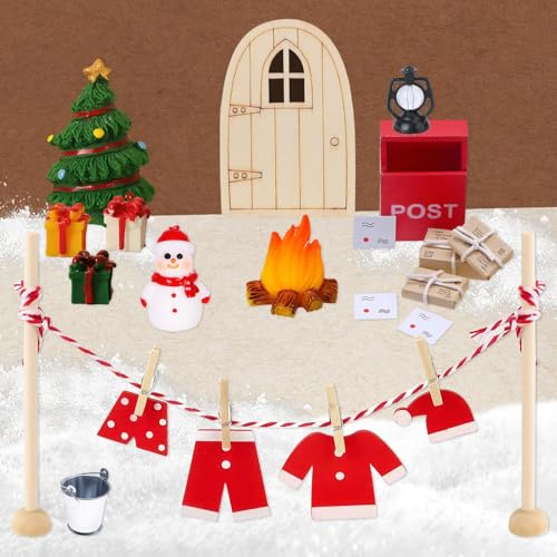 KEORHEZ 28 Stück Wichtel Set Weihnachten Komplett Wichtel Zubehör Weihnachten Geeignet Für Kindergeschenke Einschließlich Weihnachtskleidung Mini Briefkästen Elfentüren Schneemänner Usw