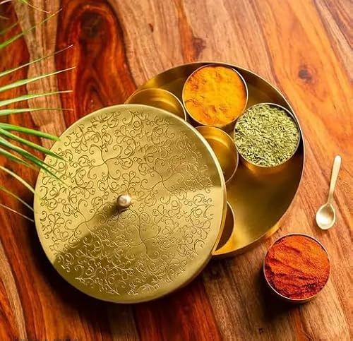 EthenicIndian Handcrafted Brass Spice Box – Round Masala Dabba with Embossed Lid, 7 Removable Containers, Designer Spoon, Decorative Indian Spice Storage Canister, Golden Finish, Unique Gift