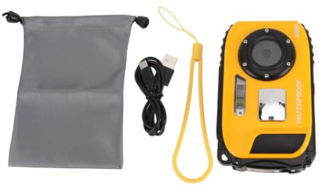 NUMNBE Diving Camera 1080P 48MP Underwater Camera, 5m, 2.4 Inch Colour Screen, 32G Memory Card - Anti Shake, Autofocus, Face Recognition, Ideal for Diving and Snorkelling (Yellow)