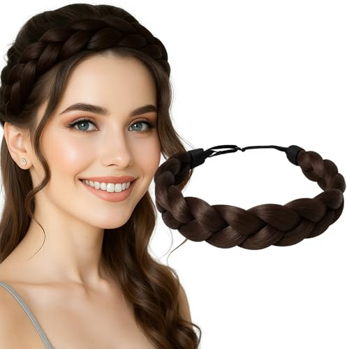 Damen Geflochtenes Haarband, 2 Stränge Kunsthaar Haarband Geflochten, Elastisches Zopf Haarreif Geflochten Haare, Chunky Trachten Flechthaarband für Hochzeit Bayern Oktoberfest(Braunschwarz)