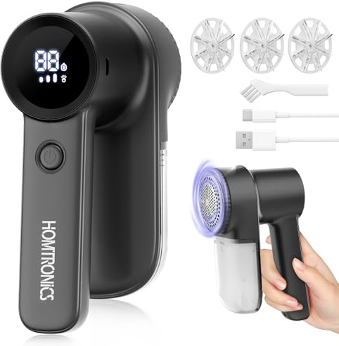 Homtronics Fusselrasierer Elektrisch, [USB Aufladung- 2000mAh] Fusselrasierer mit LED-Digitalanzeige, 3 Einstellbaren Leistungsstufen, 3 austauschbaren Klingen für Pullover, Mäntel, Decke