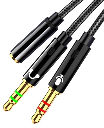 Headphone Microphone Splitter Dispenser Cable, Headphone Mic Splitter 3.5mm Jack Audio Mic Braided Adapter Aux Female to 2 Male Cable Compatible with PC Computer Laptop Gaming Headset Speaker
