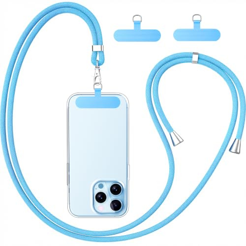 caslord Cordino per Cellulare con 2 Patch Universali | Adatto con Tutti Gli Smartphone e Maggior Parte delle Custodia | 1,6 m Regolabile e Rimovibile | Azzurro cielo